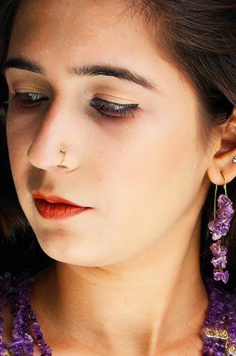Gold plated purple drop dangler earrings