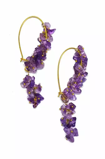 Gold plated purple drop dangler earrings