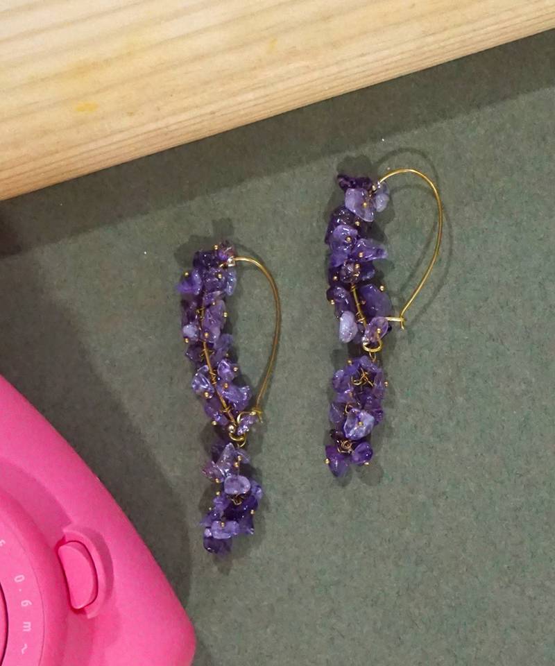 Gold plated purple drop dangler earrings