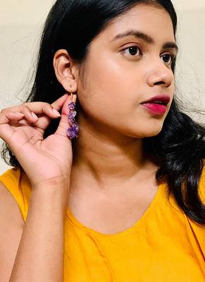 Gold plated purple cluster dangler earrings 1
