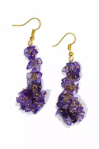 Gold plated purple cluster dangler earrings