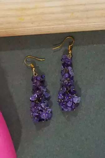 Gold plated purple cluster dangler earrings