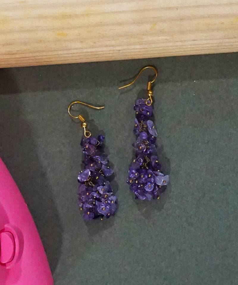 Gold plated purple cluster dangler earrings