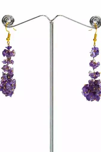Gold plated purple cluster dangler earrings