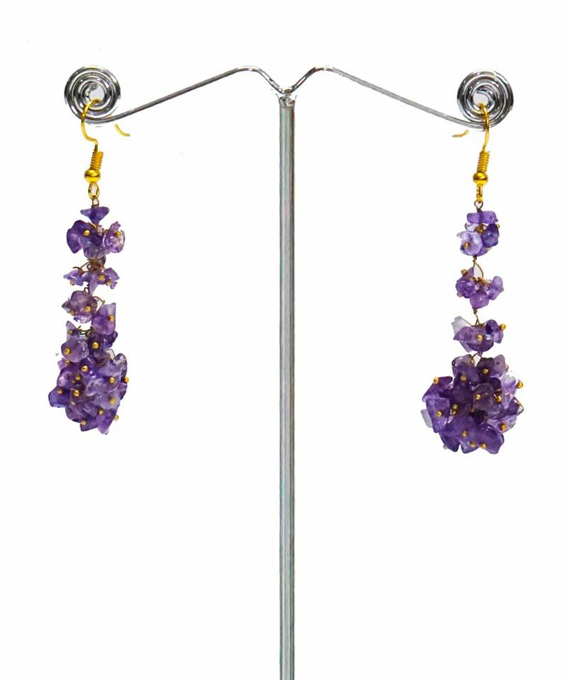 Gold plated purple cluster dangler earrings