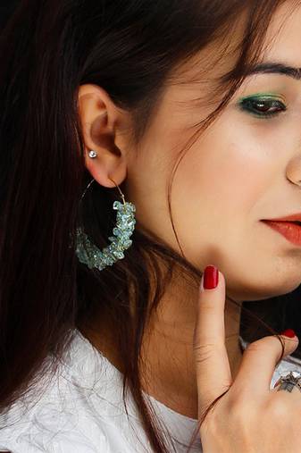 Gold plated beaded blue dangler drop earrings