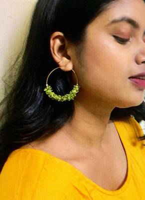 Gold plated green round dangler drop earrings 1