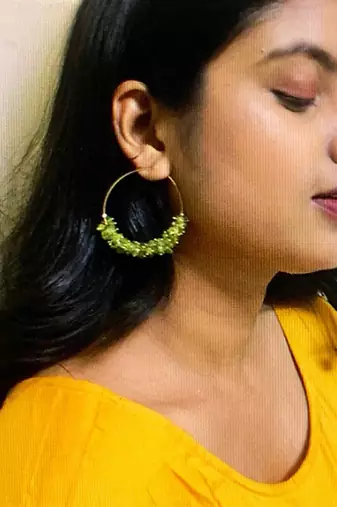 Gold plated green round dangler drop earrings
