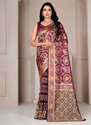 Magenta kalamkari silk blend party and wedding wear saree with blouse 1