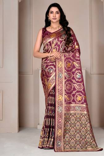 Magenta kalamkari silk blend party and wedding wear saree with blouse