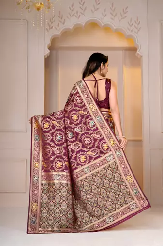 Magenta kalamkari silk blend party and wedding wear saree with blouse