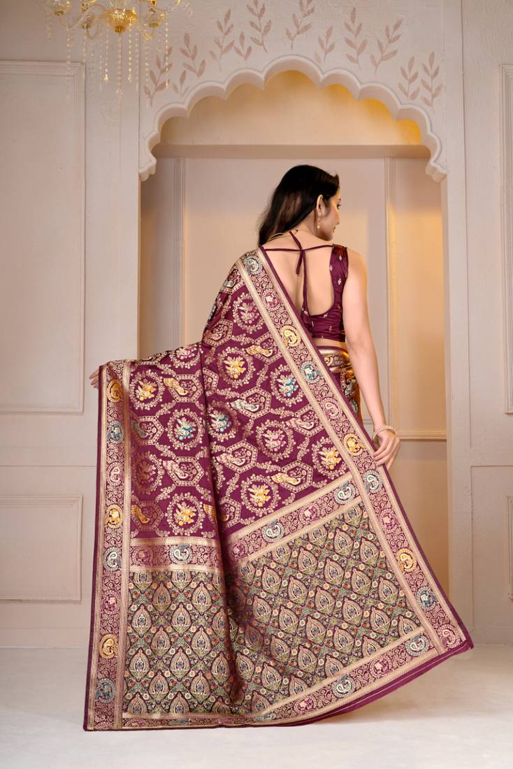 Magenta kalamkari silk blend party and wedding wear saree with blouse