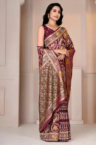 Magenta kalamkari silk blend party and wedding wear saree with blouse