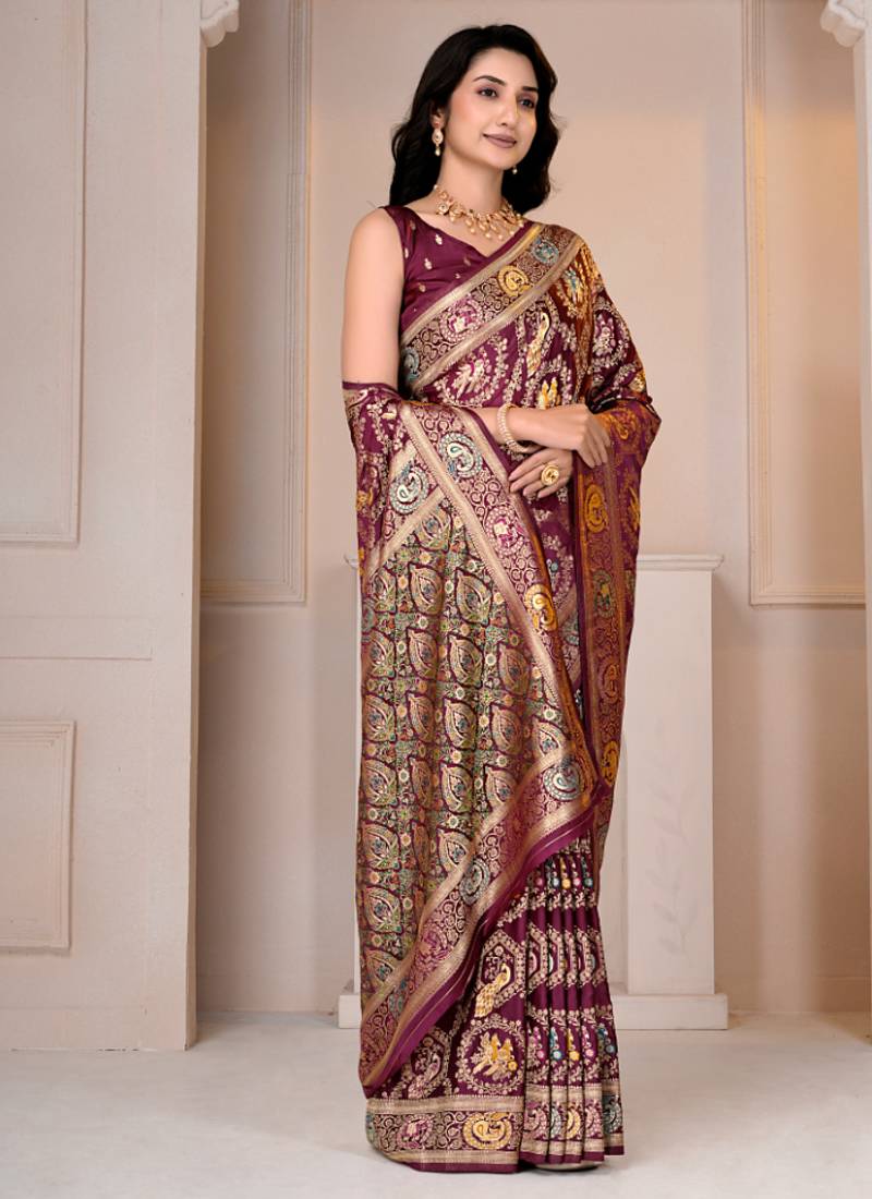 Magenta kalamkari silk blend party and wedding wear saree with blouse