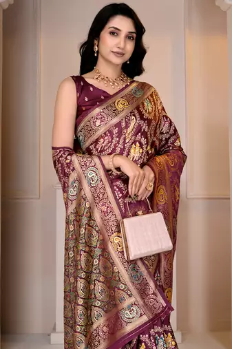 Magenta kalamkari silk blend party and wedding wear saree with blouse