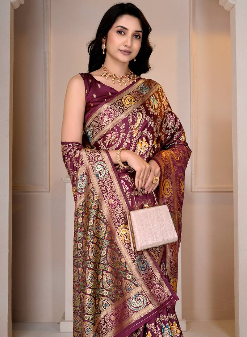 Magenta kalamkari silk blend party and wedding wear saree with blouse