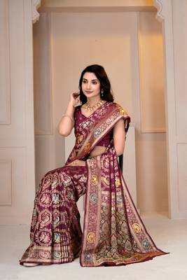 Magenta kalamkari silk blend party and wedding wear saree with blouse 5