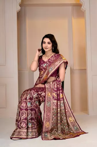 Magenta kalamkari silk blend party and wedding wear saree with blouse