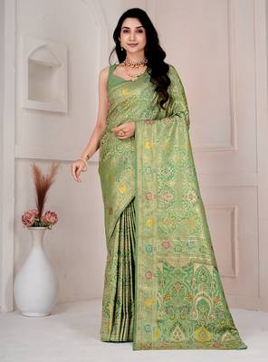 Pista green kalamkari silk blend party and wedding wear saree with blouse 1