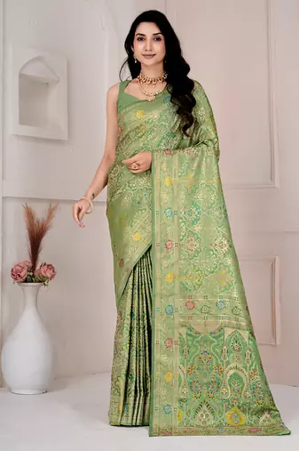 Pista green kalamkari silk blend party and wedding wear saree with blouse