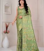 Pista green kalamkari silk blend party and wedding wear saree with blouse