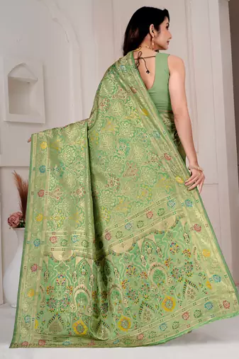 Pista green kalamkari silk blend party and wedding wear saree with blouse