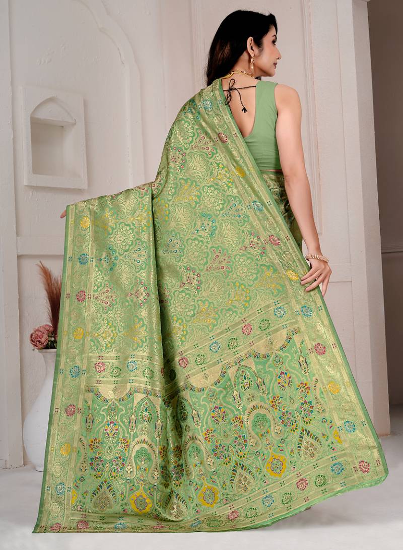 Pista green kalamkari silk blend party and wedding wear saree with blouse