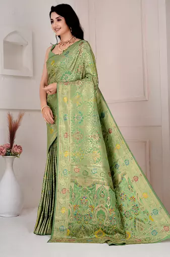 Pista green kalamkari silk blend party and wedding wear saree with blouse