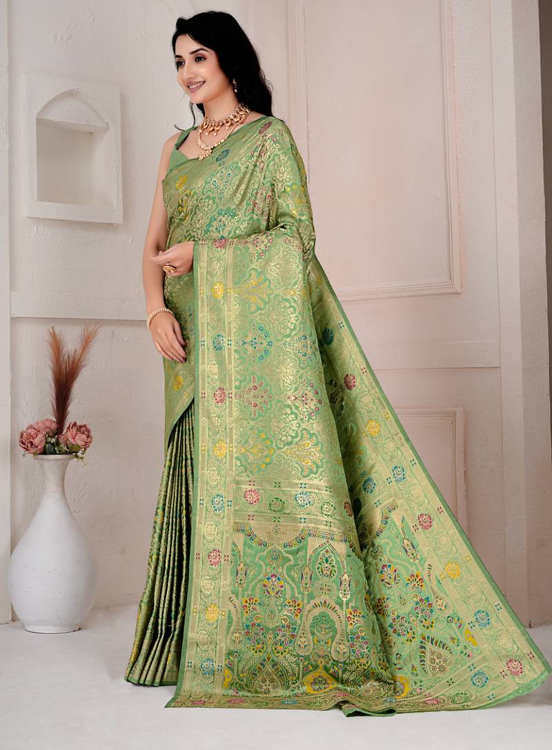 Pista green kalamkari silk blend party and wedding wear saree with blouse