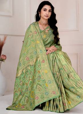 Pista green kalamkari silk blend party and wedding wear saree with blouse 4