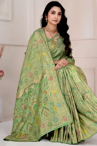 Pista green kalamkari silk blend party and wedding wear saree with blouse