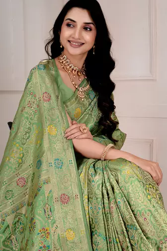 Pista green kalamkari silk blend party and wedding wear saree with blouse