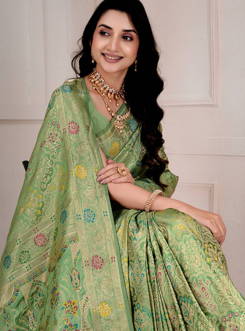 Pista green kalamkari silk blend party and wedding wear saree with blouse