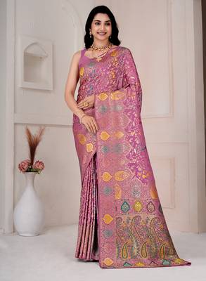 Light pink kalamkari silk blend party and wedding wear saree with blouse 1