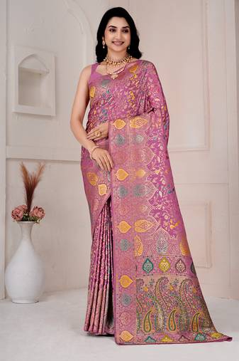Light pink kalamkari silk blend party and wedding wear saree with blouse