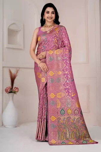 Light pink kalamkari silk blend party and wedding wear saree with blouse