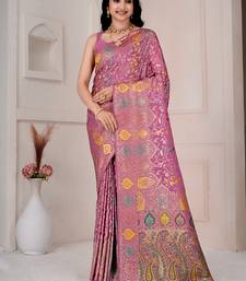 Light pink kalamkari silk blend party and wedding wear saree with blouse