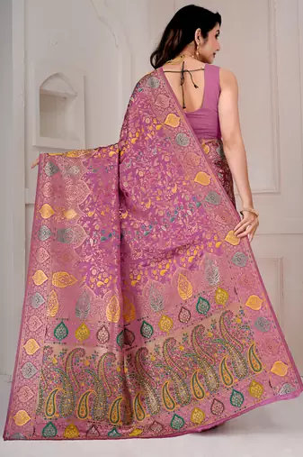 Light pink kalamkari silk blend party and wedding wear saree with blouse