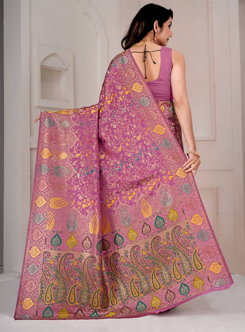 Light pink kalamkari silk blend party and wedding wear saree with blouse