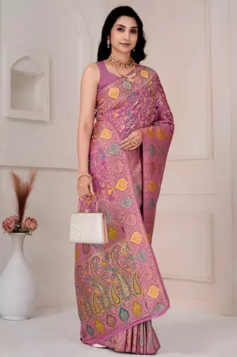Light pink kalamkari silk blend party and wedding wear saree with blouse