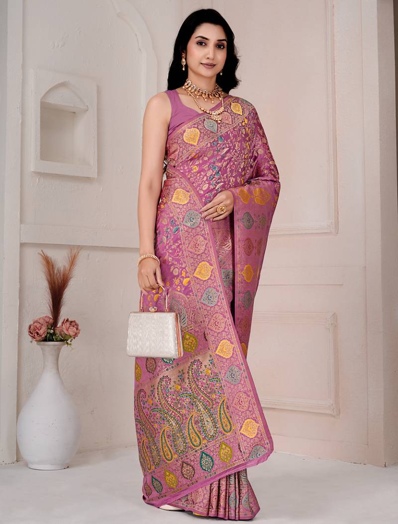 Light pink kalamkari silk blend party and wedding wear saree with blouse