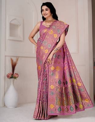 Light pink kalamkari silk blend party and wedding wear saree with blouse 4