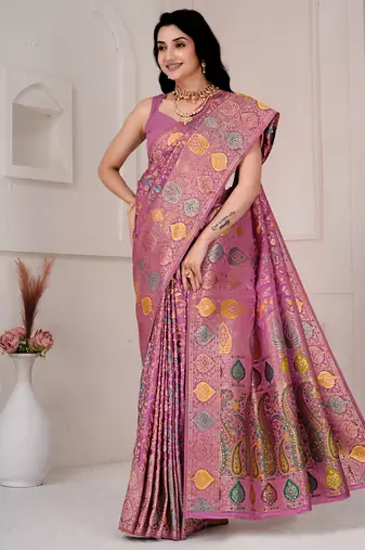 Light pink kalamkari silk blend party and wedding wear saree with blouse