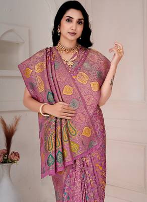 Light pink kalamkari silk blend party and wedding wear saree with blouse 5