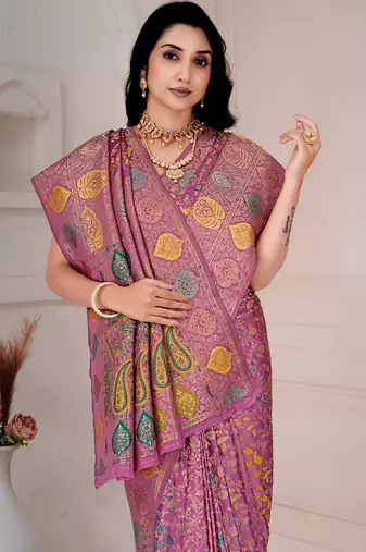 Light pink kalamkari silk blend party and wedding wear saree with blouse