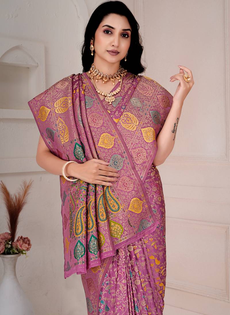 Light pink kalamkari silk blend party and wedding wear saree with blouse