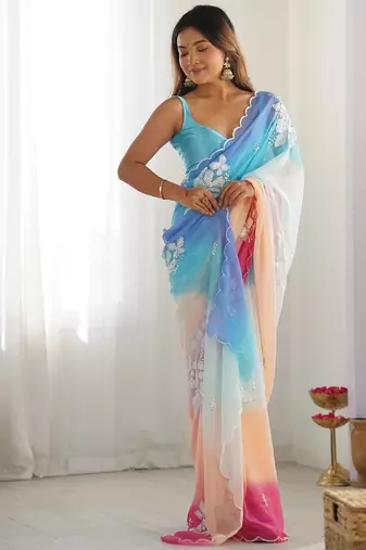 Multicolor georgette embroidery border & sequins saree whit blouse