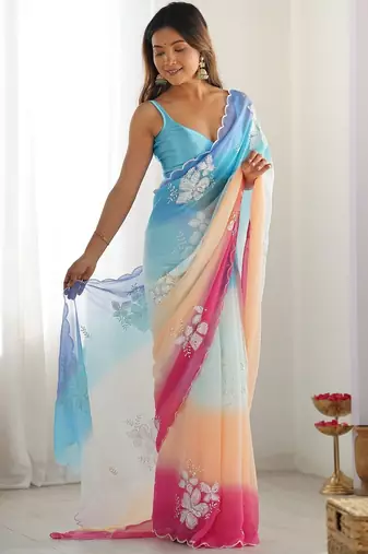 Multicolor georgette embroidery border & sequins saree whit blouse