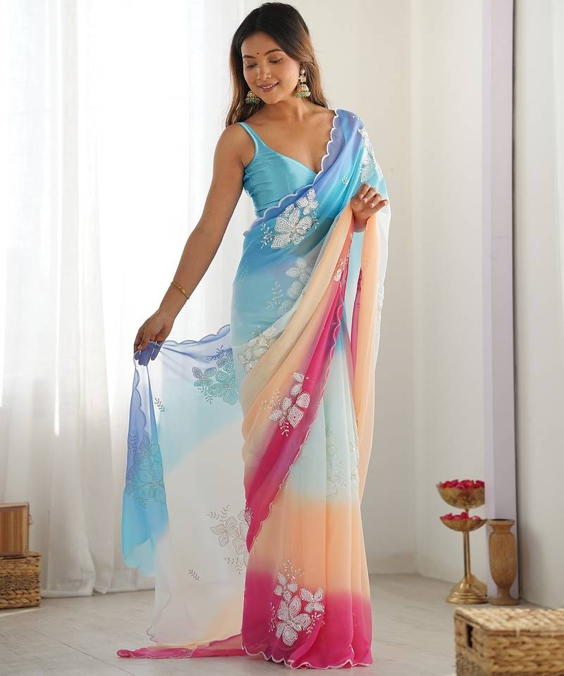 Multicolor georgette embroidery border & sequins saree whit blouse