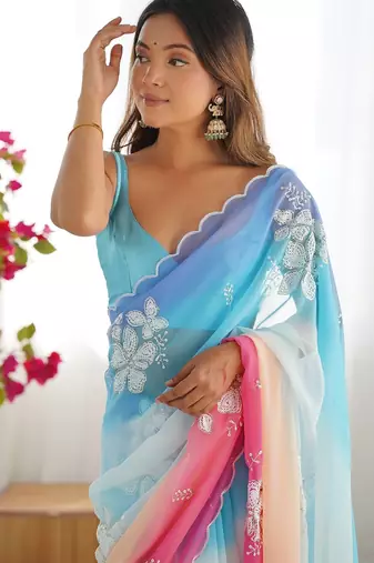 Multicolor georgette embroidery border & sequins saree whit blouse
